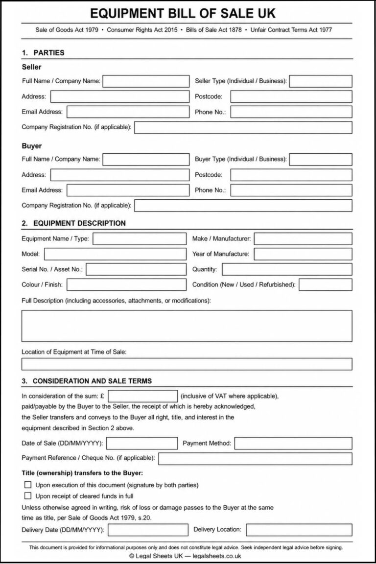 Equipment Bill Of Sale