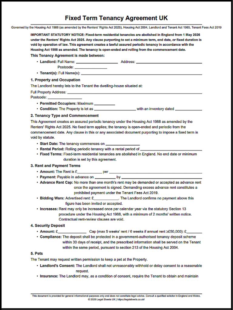 Fixed Term Tenancy Agreement